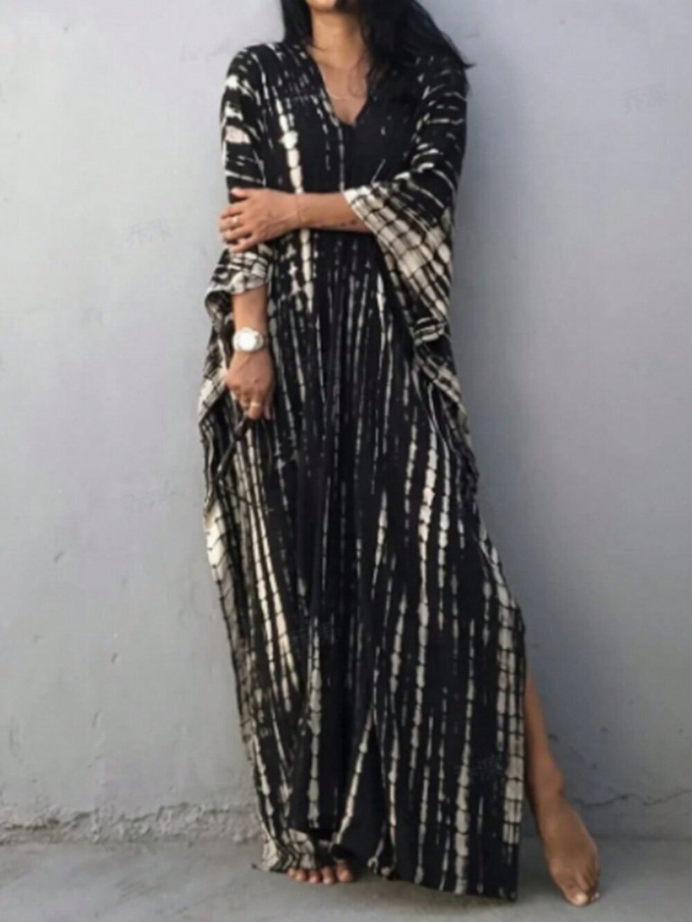Black tie dye Casual Women's Striped Batwing Sleeve V-Neck Maxi Dress